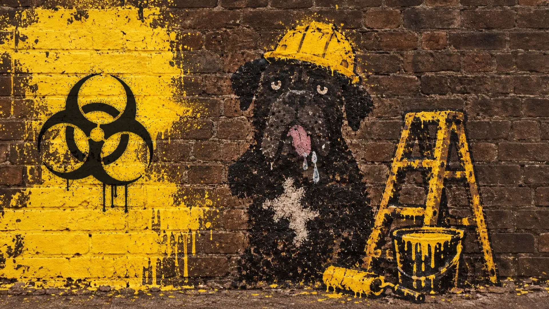 Dodge, a black bull mastiff, sprayed on a brick wall in a yellow hard hat with his tongue out, next to a yellow biohazard sign, a ladder, a bucket and a paint roller.